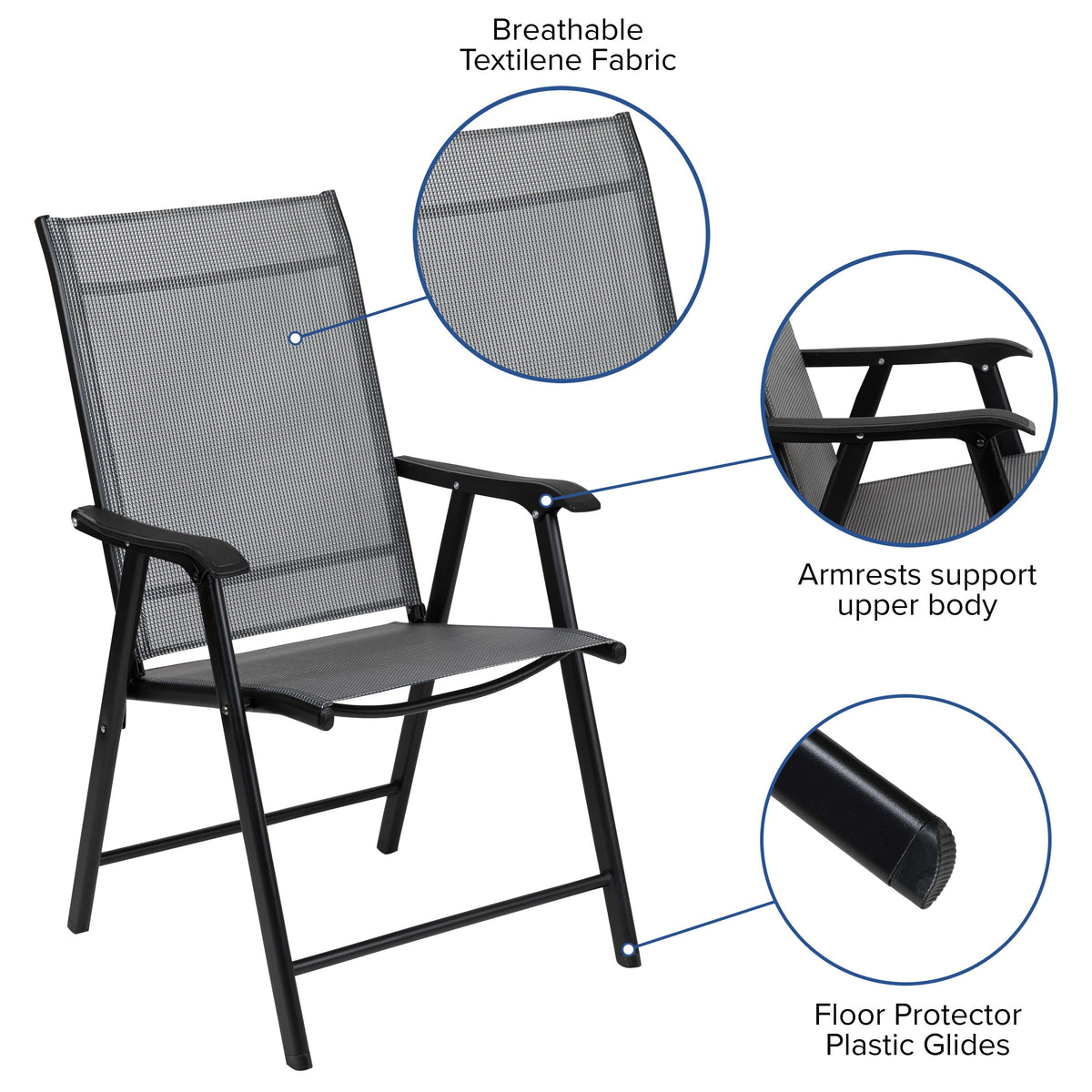 Gray |#| Portable Gray Outdoor Folding Patio Sling Chair with Black Frame - Set of 2