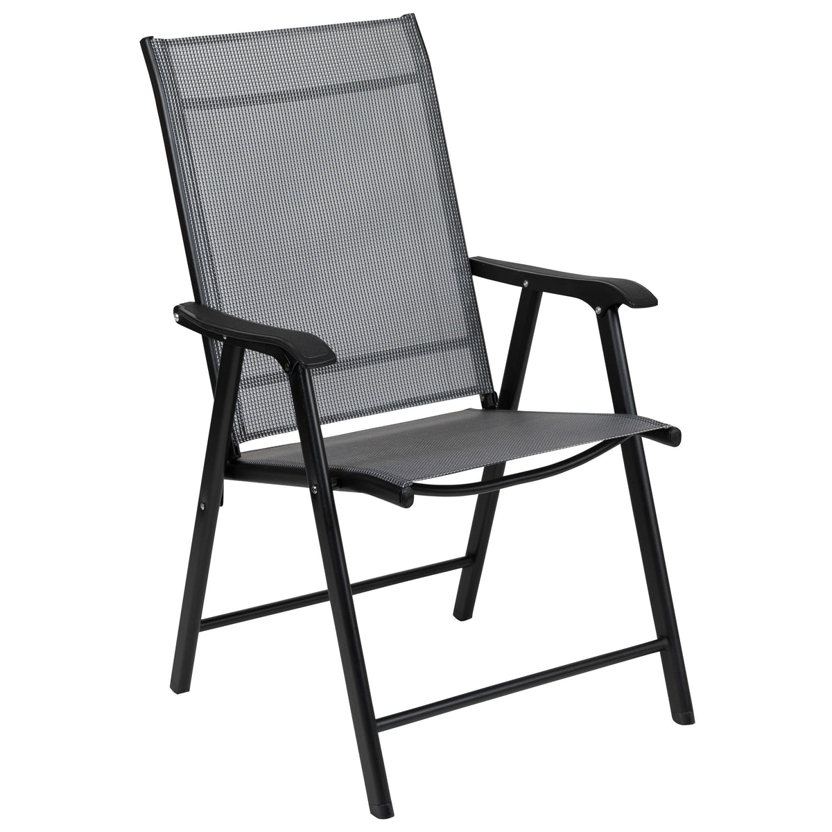 Gray |#| Portable Gray Outdoor Folding Patio Sling Chair with Black Frame - Set of 2