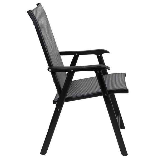 Gray |#| Portable Gray Outdoor Folding Patio Sling Chair with Black Frame - Set of 2