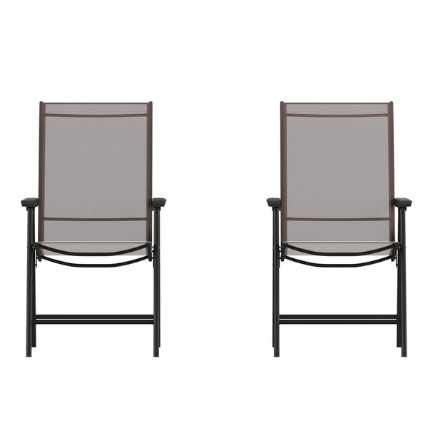 Brown |#| Portable Brown Outdoor Folding Patio Sling Chair with Black Frame - Set of 2