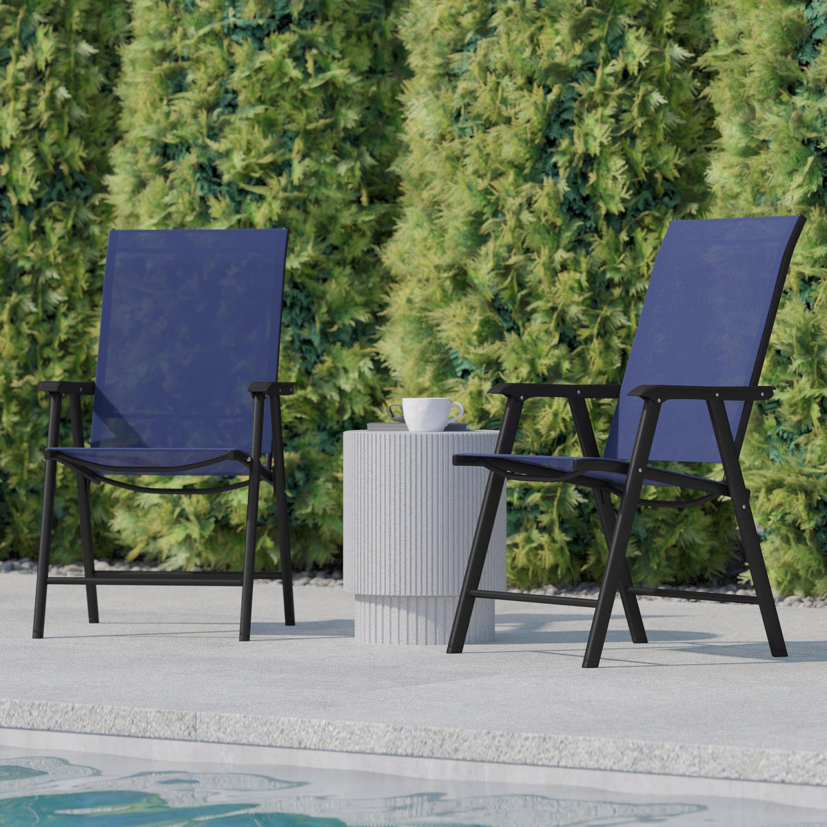 Navy |#| Portable Navy Outdoor Folding Patio Sling Chair with Black Frame - Set of 2