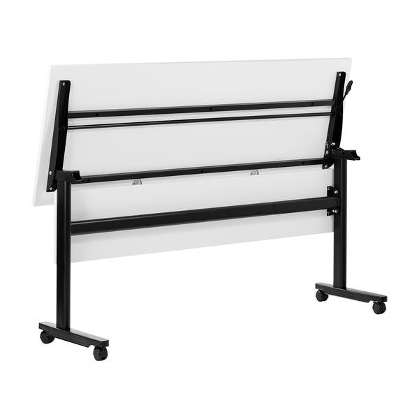 White Top/Black Frame |#| Commercial Nesting Flip Training Table with Steel Frame and T-Legs in White/Blk