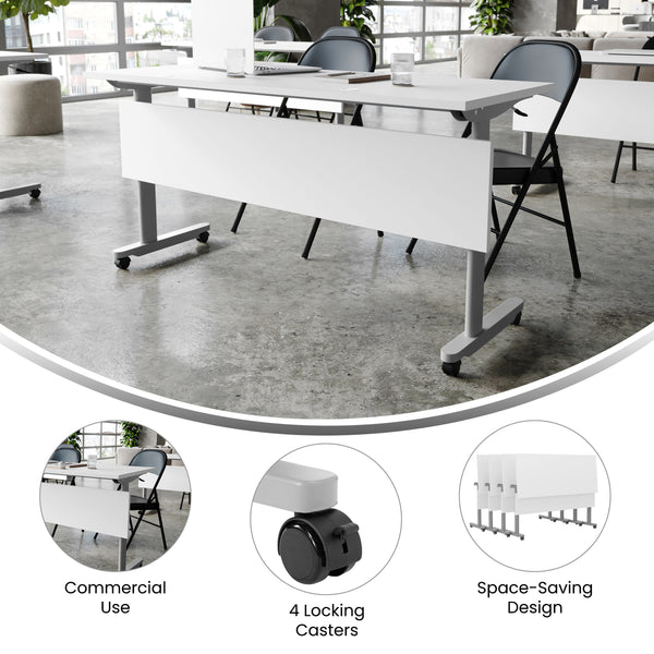 White Top/Gray Frame |#| Commercial Nesting Flip Training Table with Steel Frame and T-Legs in White/Gray