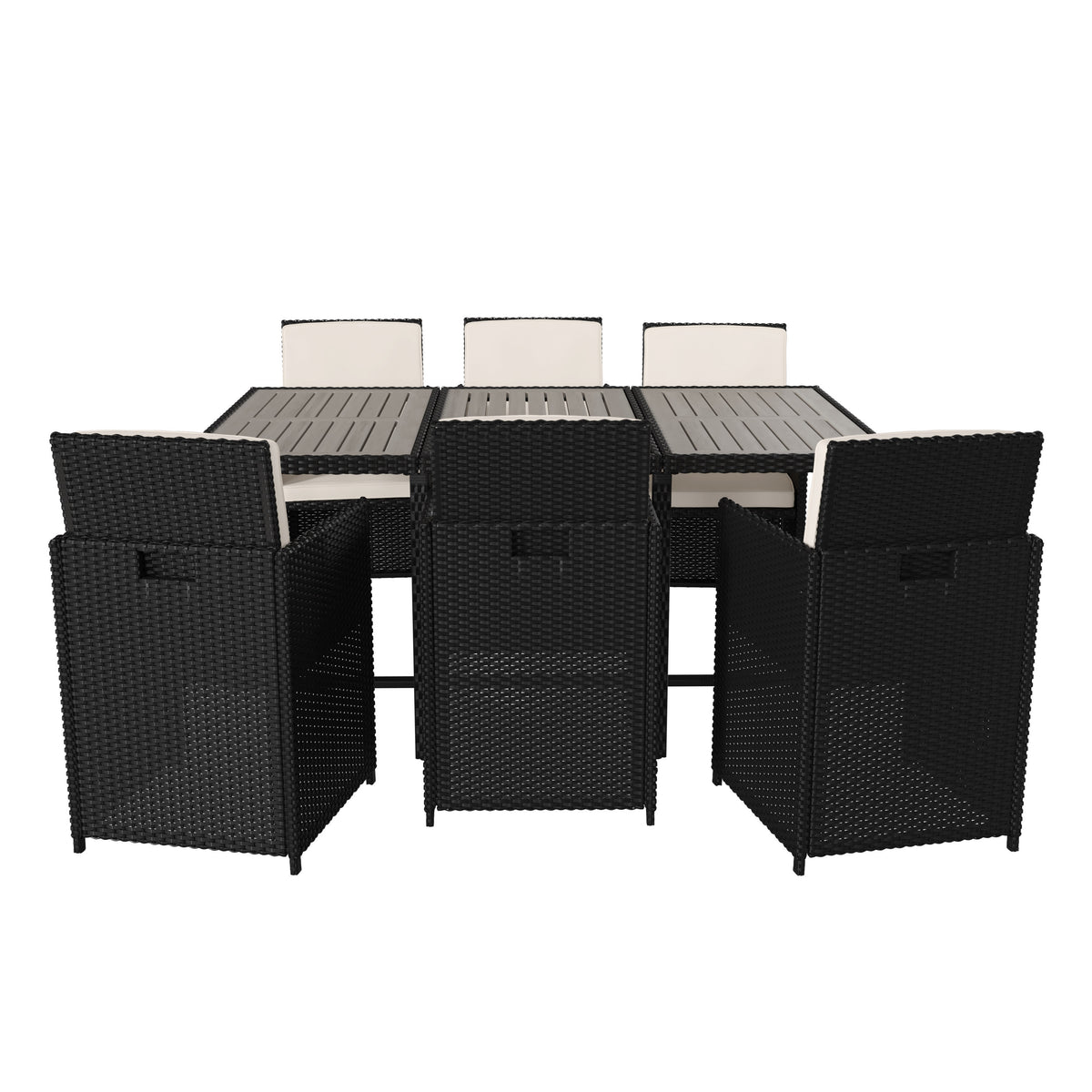 Gray Top/Black Frame |#| Space Saving Modular Patio Set with Gray Acacia Table & 6 Black Wicker Chairs