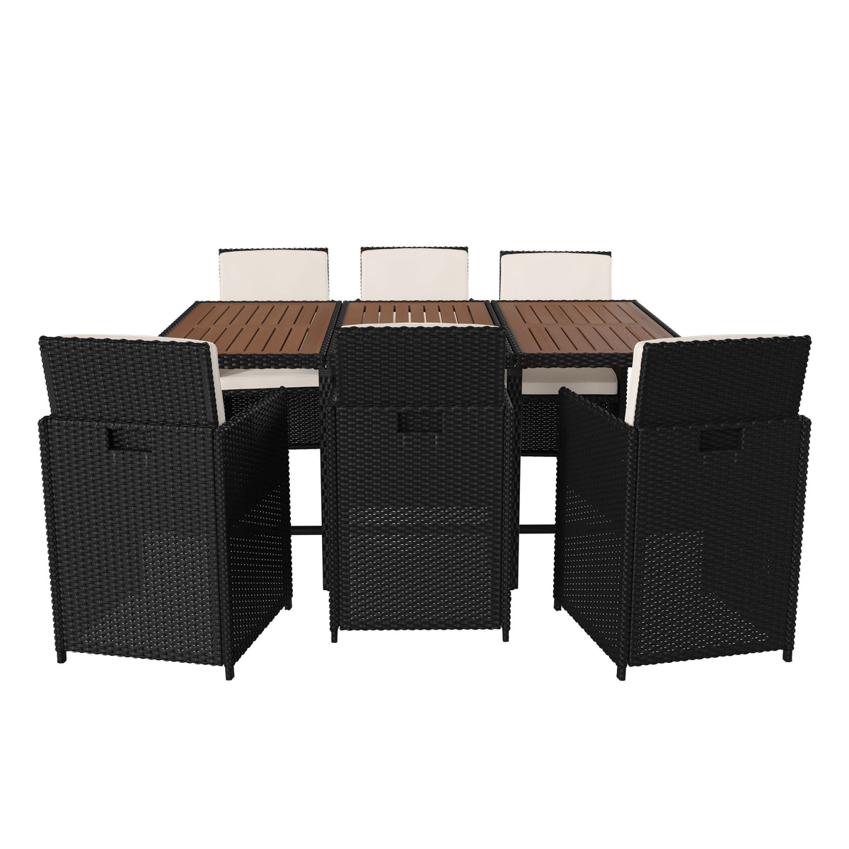 Natural Top/Black Frame |#| Space Saving Modular Patio Set with Natural Acacia Table & 6 Black Wicker Chairs