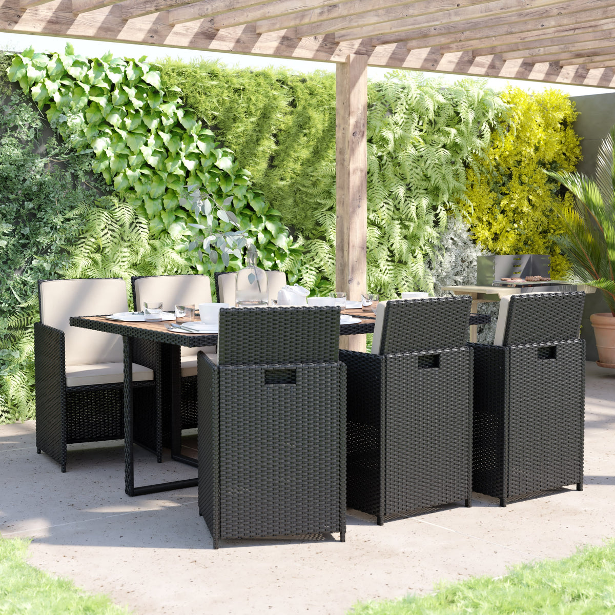 Natural Top/Black Frame |#| Space Saving Modular Patio Set with Natural Acacia Table & 6 Black Wicker Chairs