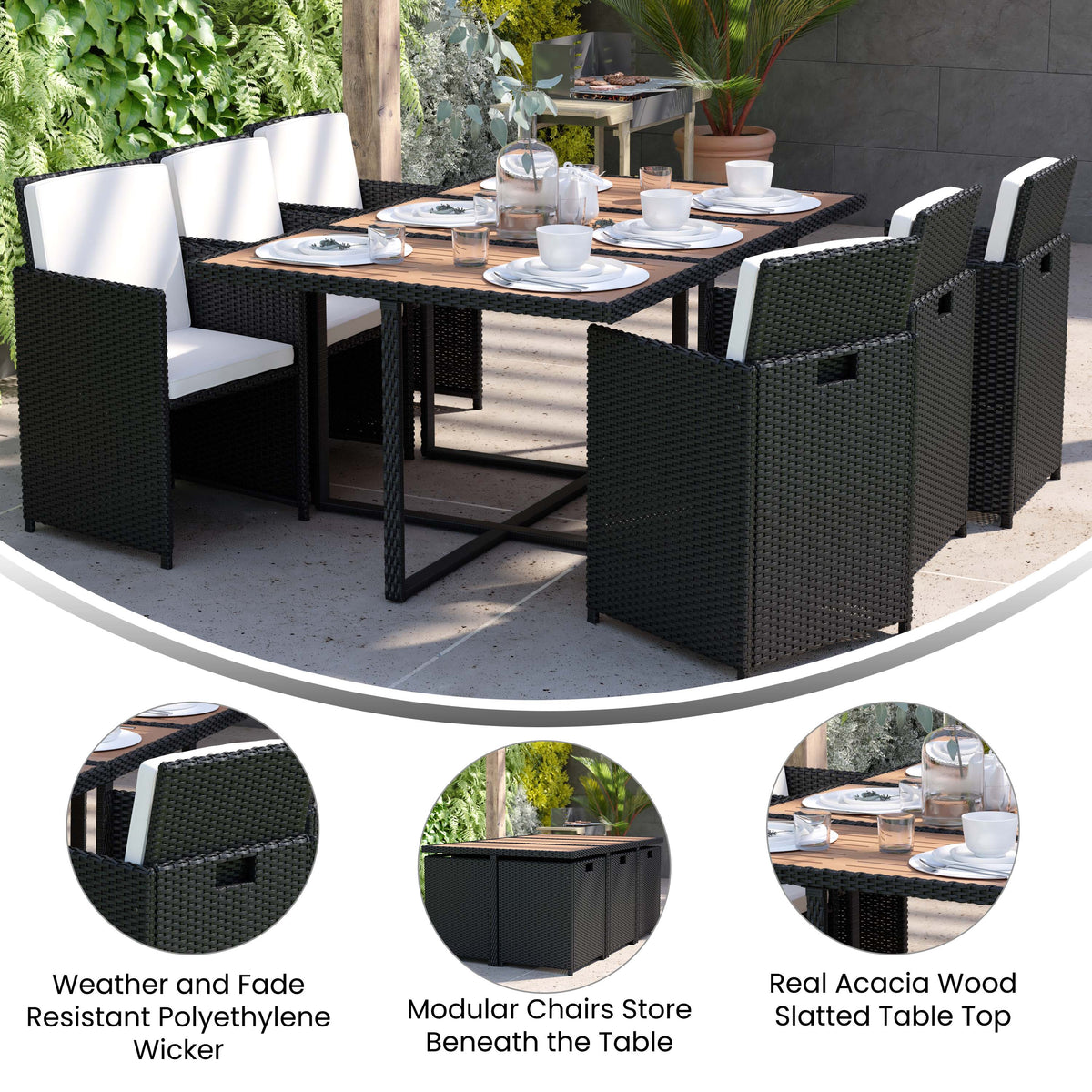 Natural Top/Black Frame |#| Space Saving Modular Patio Set with Natural Acacia Table & 6 Black Wicker Chairs