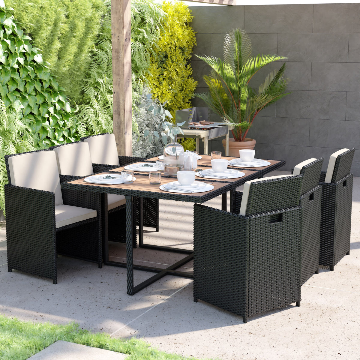 Natural Top/Black Frame |#| Space Saving Modular Patio Set with Natural Acacia Table & 6 Black Wicker Chairs