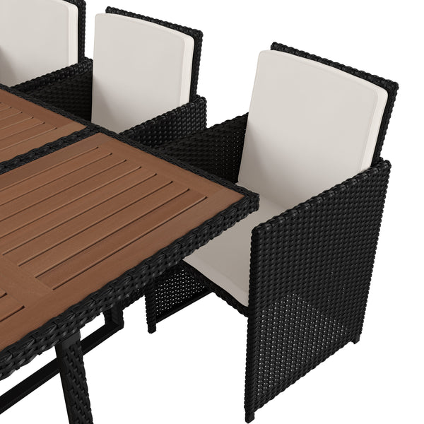 Natural Top/Black Frame |#| Space Saving Modular Patio Set with Natural Acacia Table & 6 Black Wicker Chairs