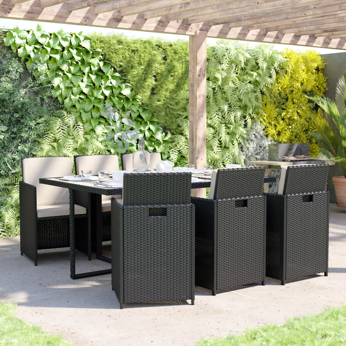 Gray Top/Black Frame |#| Space Saving Modular Patio Set with Gray Acacia Table & 6 Black Wicker Chairs