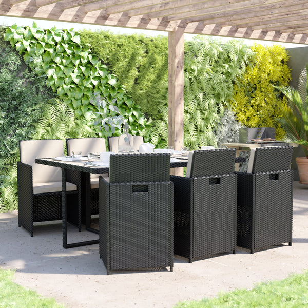 Gray Top/Black Frame |#| Space Saving Modular Patio Set with Gray Acacia Table & 6 Black Wicker Chairs