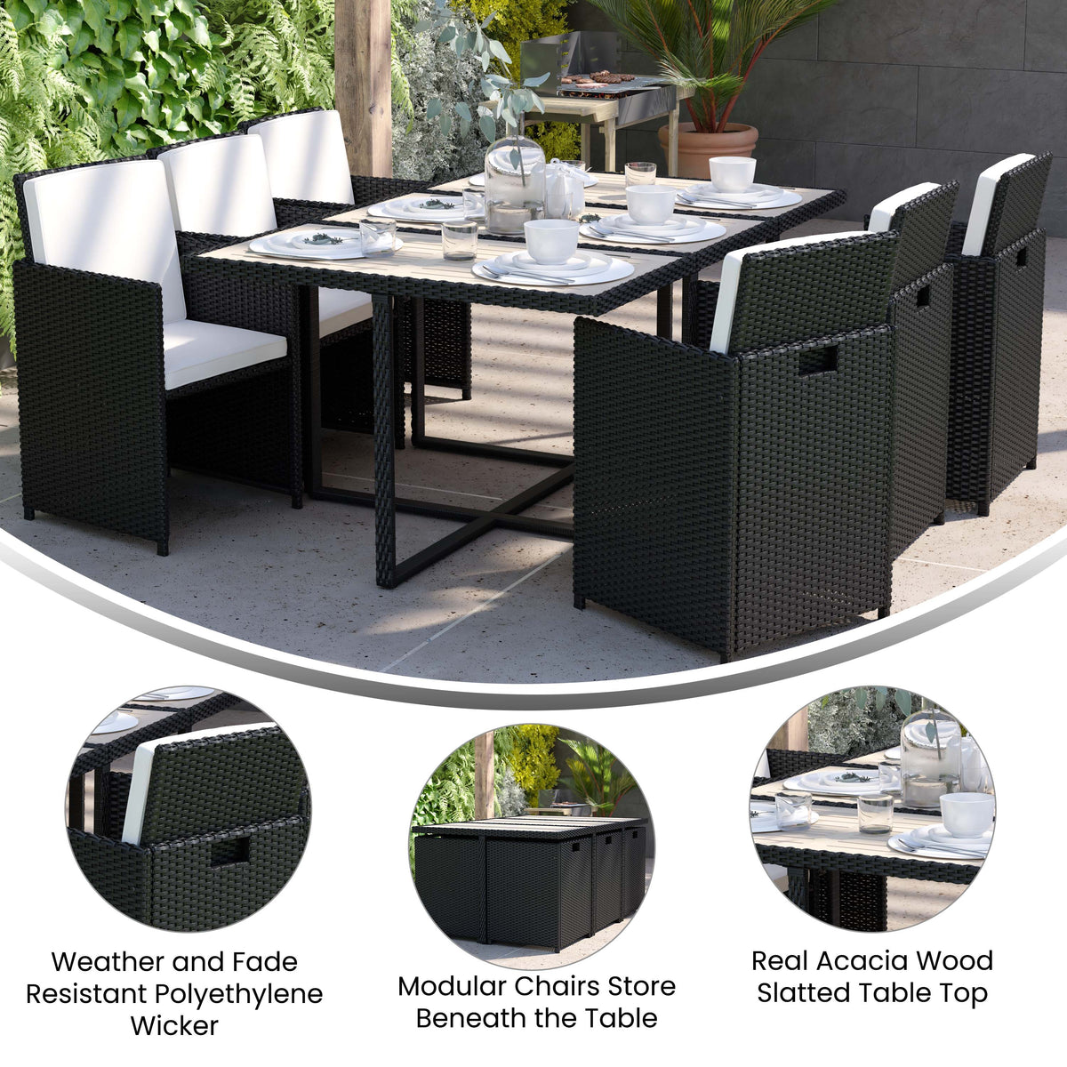 Gray Top/Black Frame |#| Space Saving Modular Patio Set with Gray Acacia Table & 6 Black Wicker Chairs