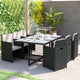 Gray Top/Black Frame |#| Space Saving Modular Patio Set with Gray Acacia Table & 6 Black Wicker Chairs