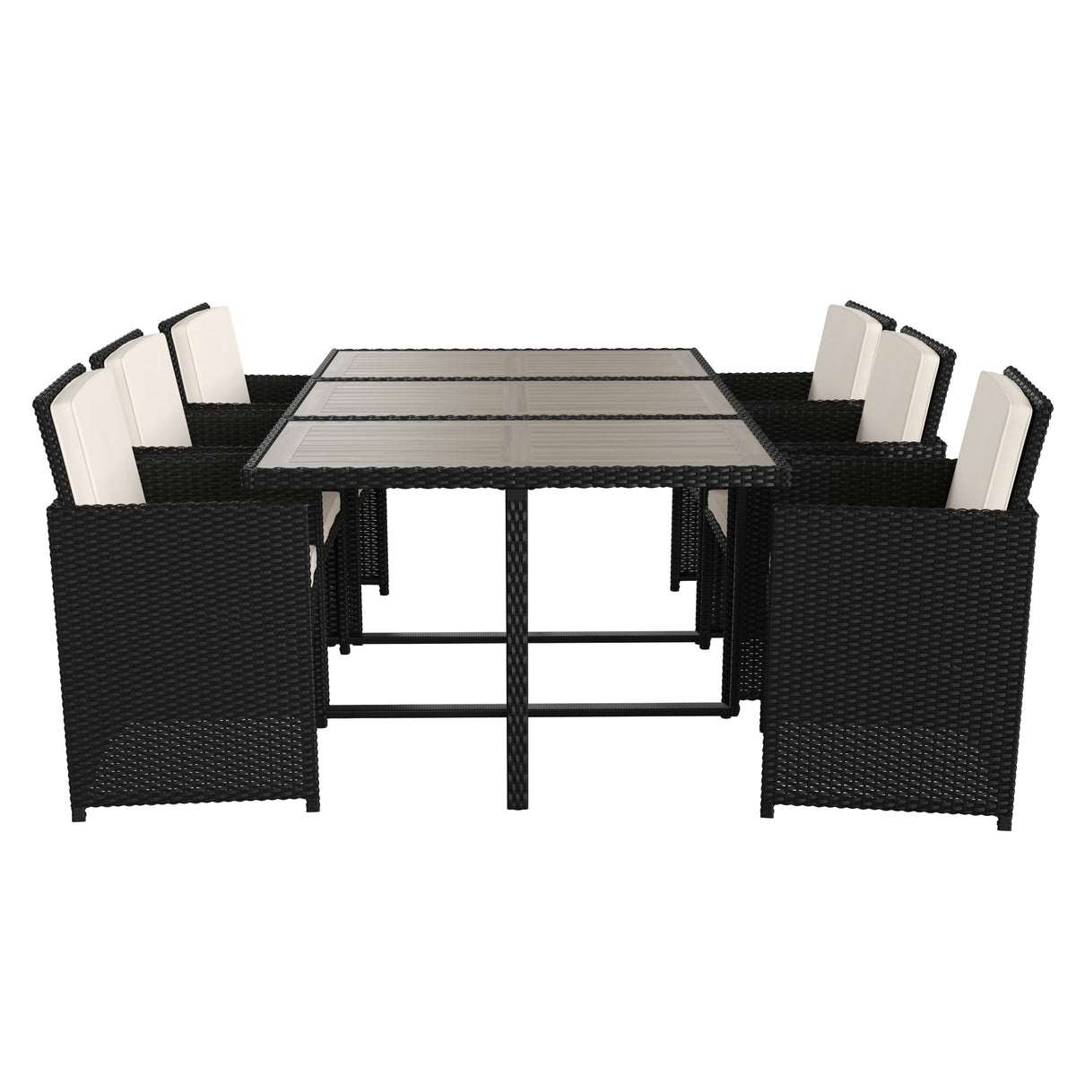 Gray Top/Black Frame |#| Space Saving Modular Patio Set with Gray Acacia Table & 6 Black Wicker Chairs