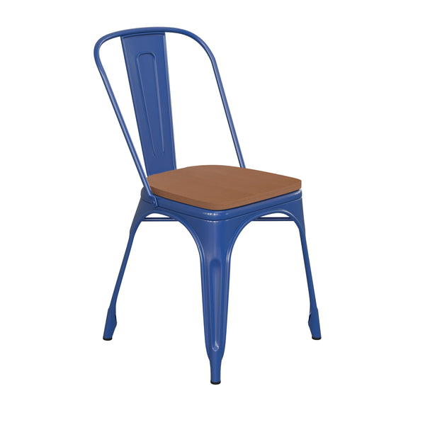 Blue/Teak |#| All-Weather Commercial Stack Chair & Poly Resin Seat - Blue/Teak