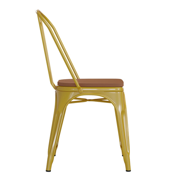 Yellow/Teak |#| All-Weather Commercial Stack Chair & Poly Resin Seat - Yellow/Teak