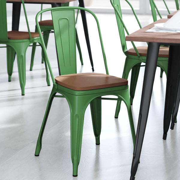 Green/Teak |#| All-Weather Commercial Stack Chair & Poly Resin Seat - Green/Teak