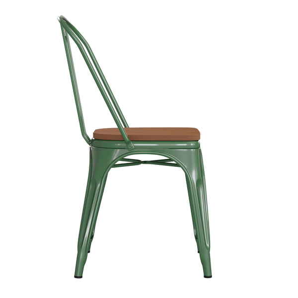 Green/Teak |#| All-Weather Commercial Stack Chair & Poly Resin Seat - Green/Teak