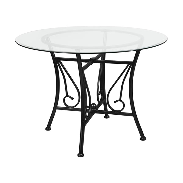 Clear Top/Black Frame |#| 42inch Round Glass Dining Table with Curl Accent Black Metal Frame