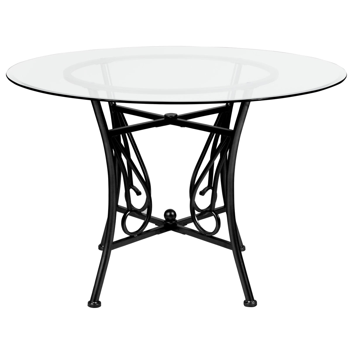 Clear Top/Black Frame |#| 45inch Round Glass Dining Table with Curl Accent Black Metal Frame