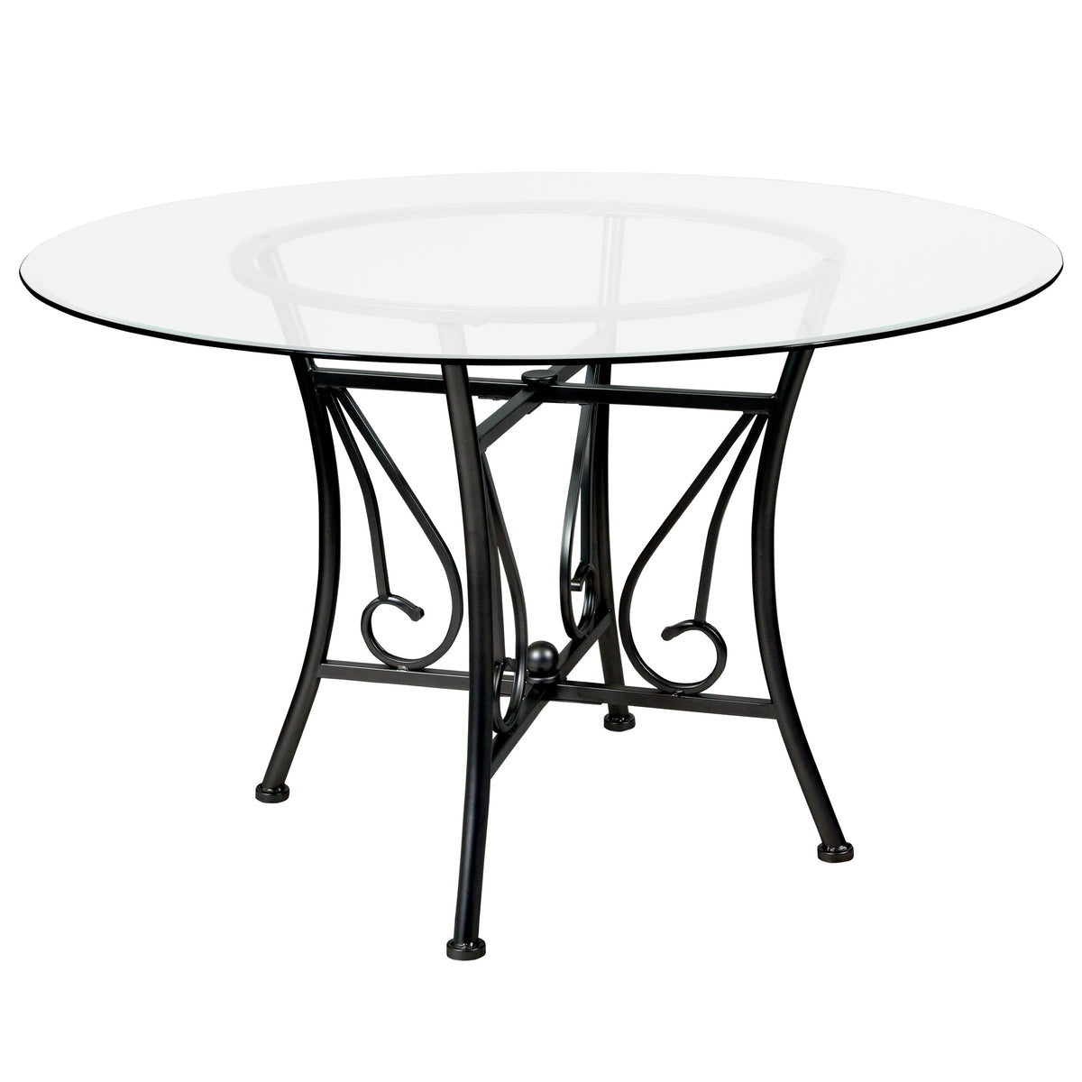 Clear Top/Black Frame |#| 48inch Round Glass Dining Table with Curl Accent Black Metal Frame