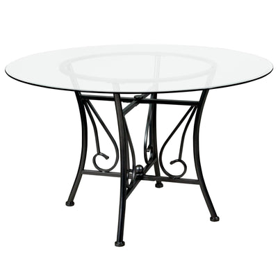 Princeton 48'' Round Glass Dining Table with Curl Accent Matte Metal Frame