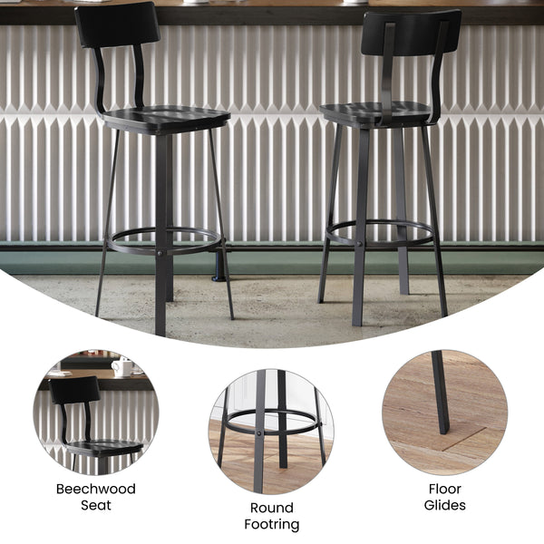 Black |#| Black Restaurant Barstool with Wood Seat & Back & Black Powder Coat Frame