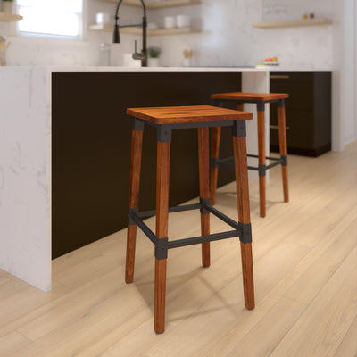 Rustic Antique Industrial Wood Dining Backless Barstool