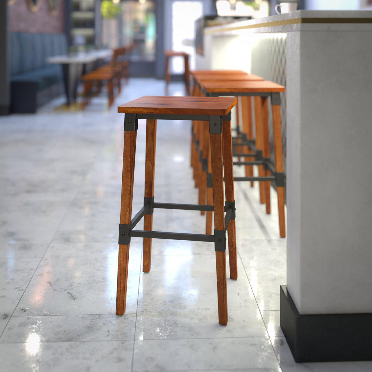 Commercial Grade Rustic Walnut Industrial Style Backless Wood Barstool