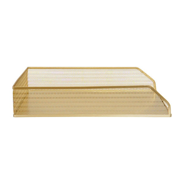 Set of 2 Mesh Metal Desktop Paper and Letter Tray Organizers in Gold