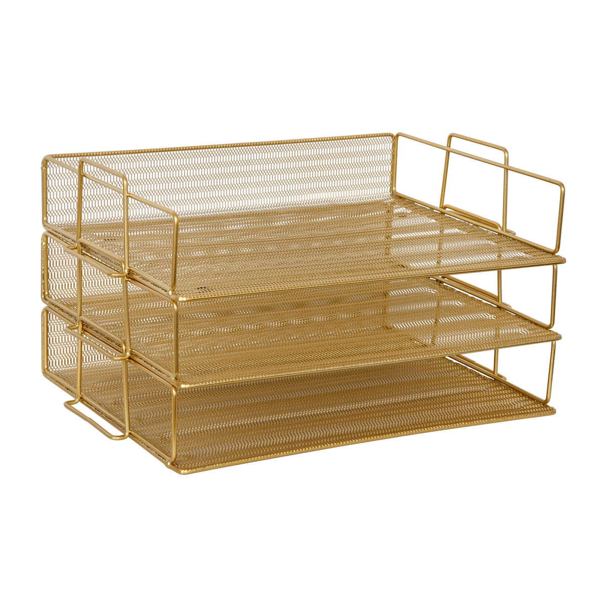 Steel Mesh 3 Tier Stackable Desktop Letter Tray and File Organizer in Gold