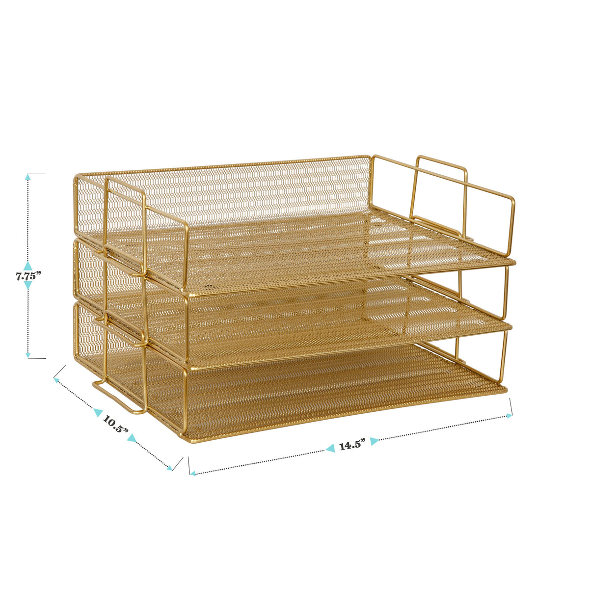 Steel Mesh 3 Tier Stackable Desktop Letter Tray and File Organizer in Gold