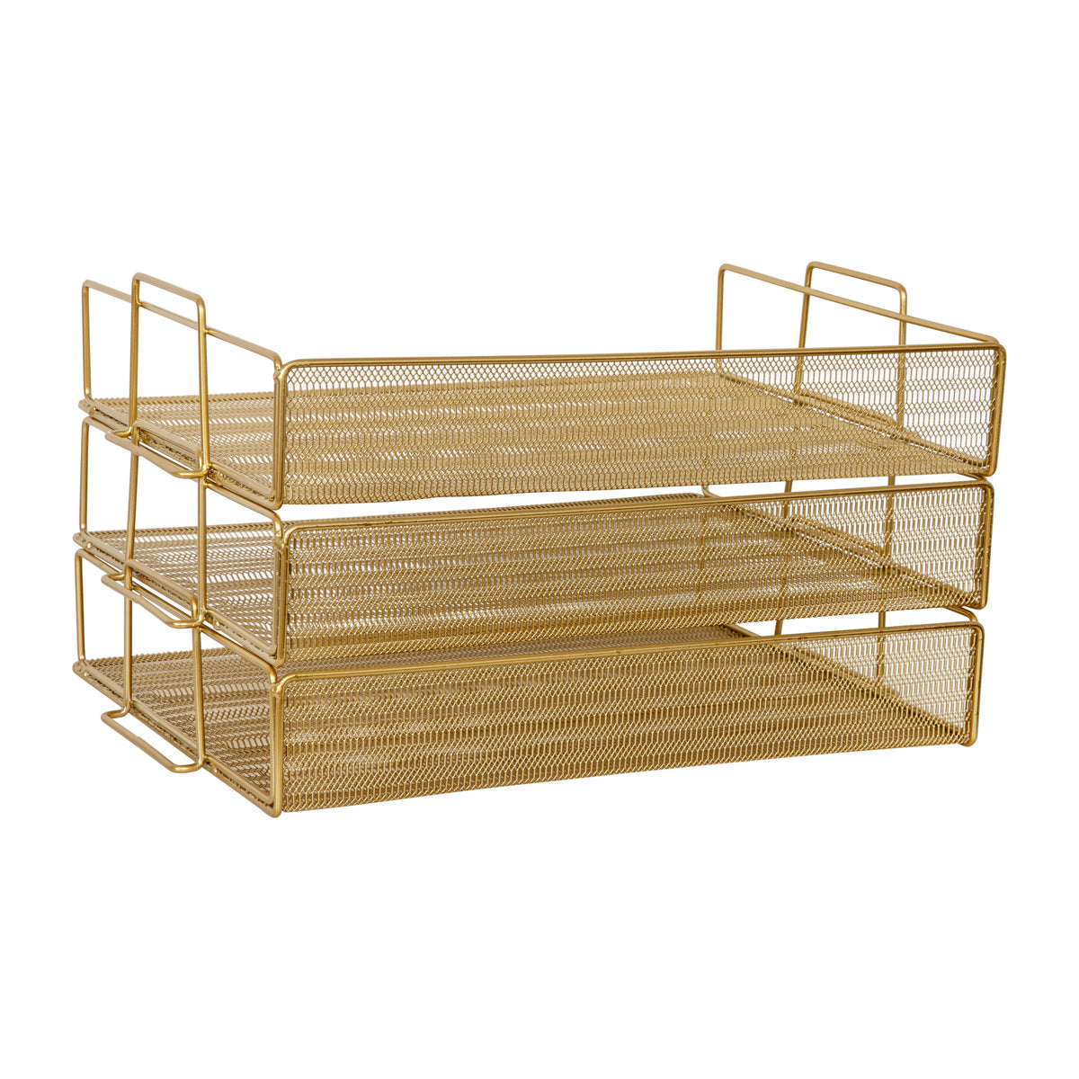 Steel Mesh 3 Tier Stackable Desktop Letter Tray and File Organizer in Gold