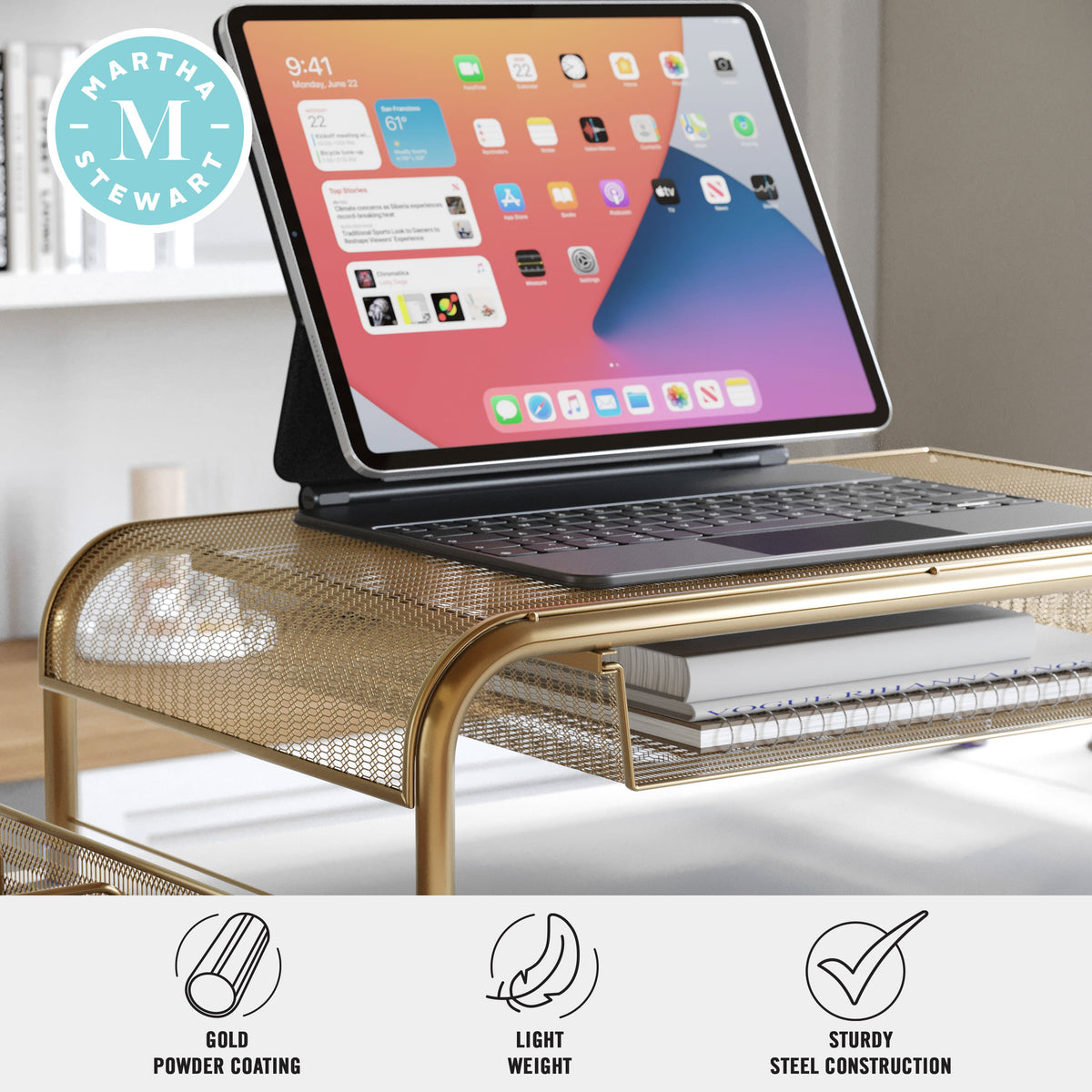Premium Mesh Metal Desktop Monitor Riser Stand With Drawer and Storage in Gold
