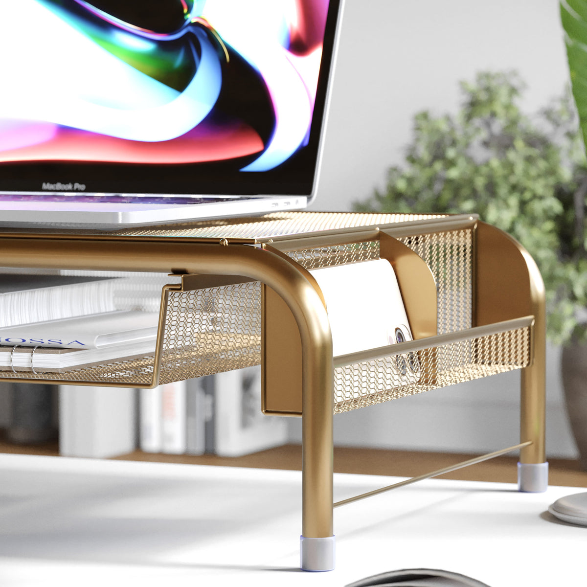 Premium Mesh Metal Desktop Monitor Riser Stand With Drawer and Storage in Gold