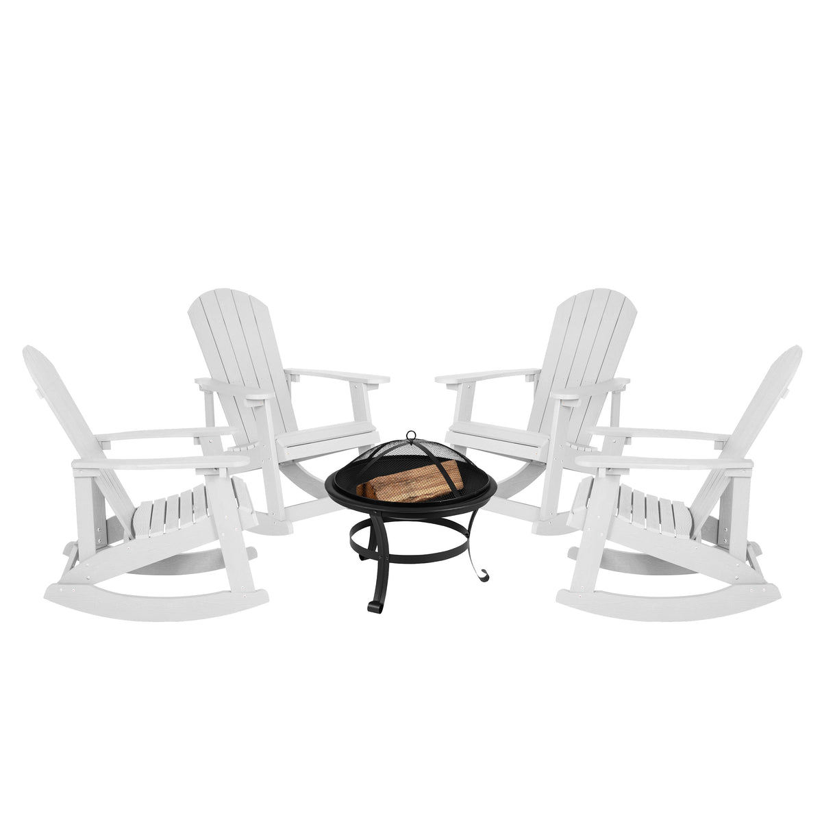 White |#| Set of 4 Poly Resin Adirondack Rocking Chairs in White & 22inch Round Fire Pit