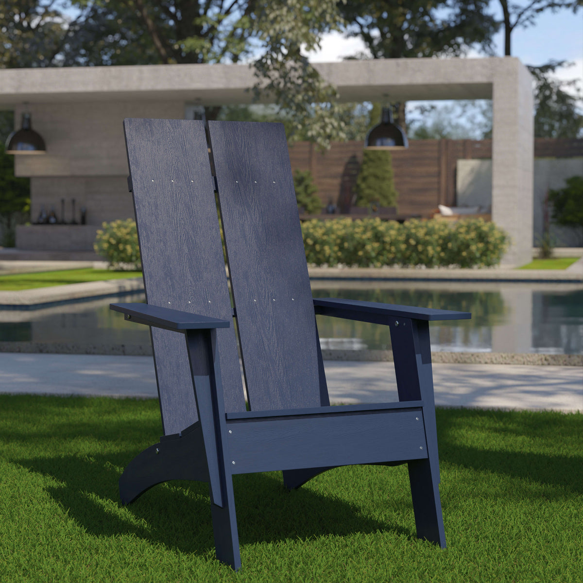 Navy |#| Navy Blue Modern Dual Slat Back Indoor/Outdoor Adirondack Style Patio Chair