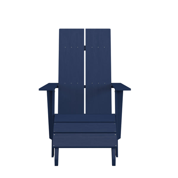 Navy |#| Indoor/Outdoor Modern 2-Slat Adirondack Style Chair and Footrest in Navy Blue