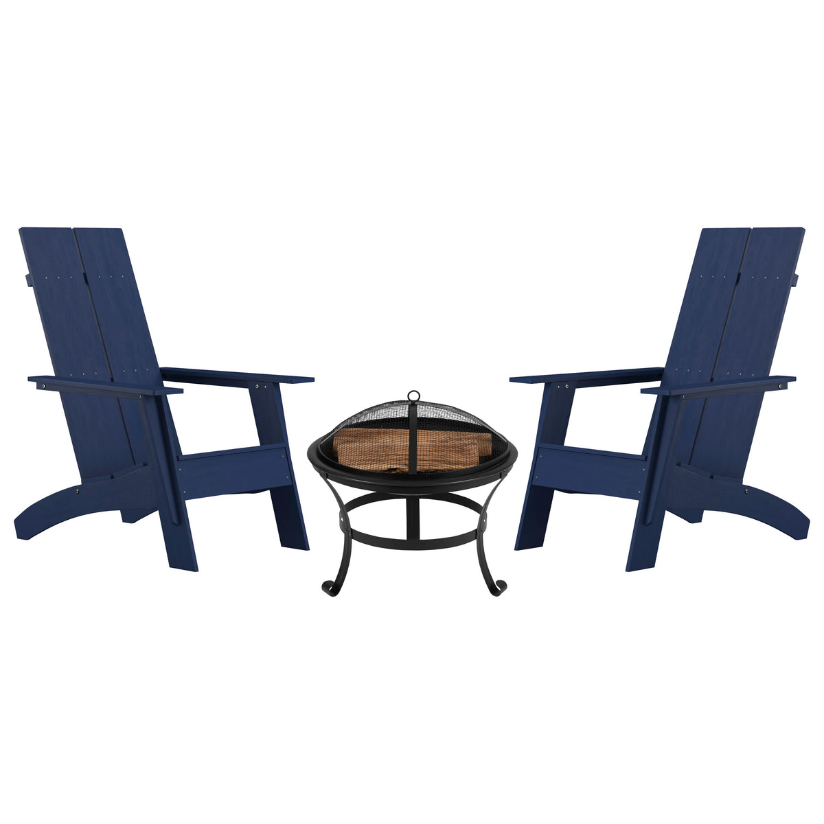 Navy |#| Set of 2 Navy Dual Slat Poly Resin Adirondack Chairs-22" Round Fire Pit