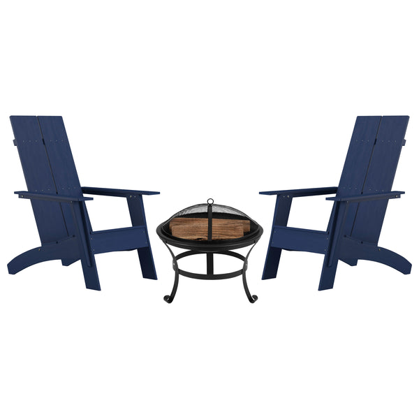 Navy |#| Set of 2 Navy Dual Slat Poly Resin Adirondack Chairs-22" Round Fire Pit