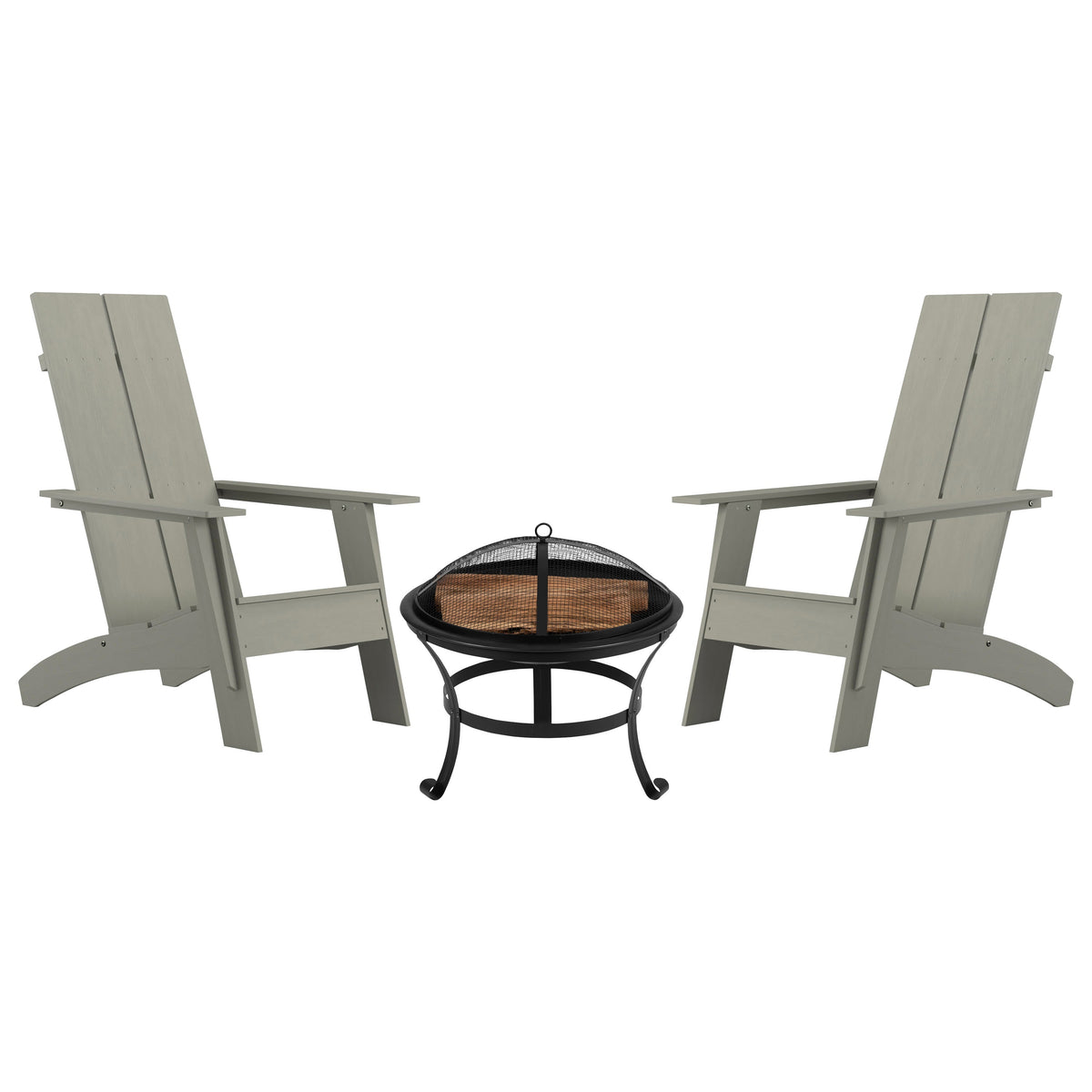 Gray |#| Set of 2 Gray Dual Slat Poly Resin Adirondack Chairs-22" Round Fire Pit