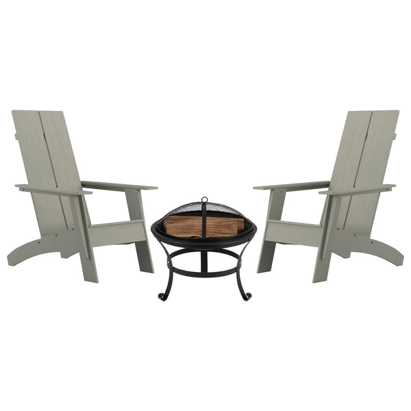 Gray |#| Set of 2 Gray Dual Slat Poly Resin Adirondack Chairs-22" Round Fire Pit