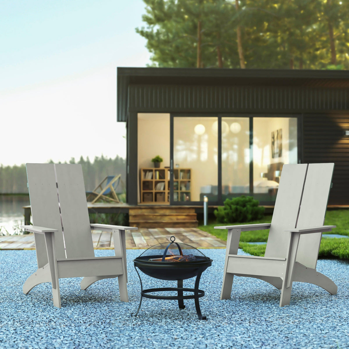Gray |#| Set of 2 Gray Dual Slat Poly Resin Adirondack Chairs-22" Round Fire Pit