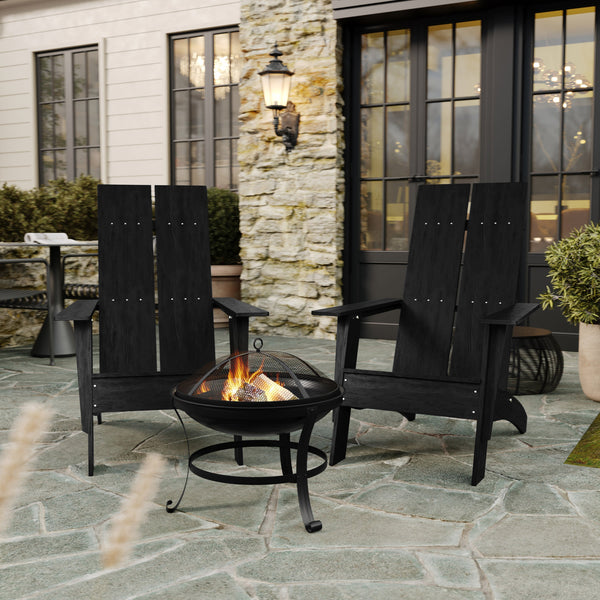 Black |#| Set of 2 Black Dual Slat Poly Resin Adirondack Chairs-22" Round Fire Pit
