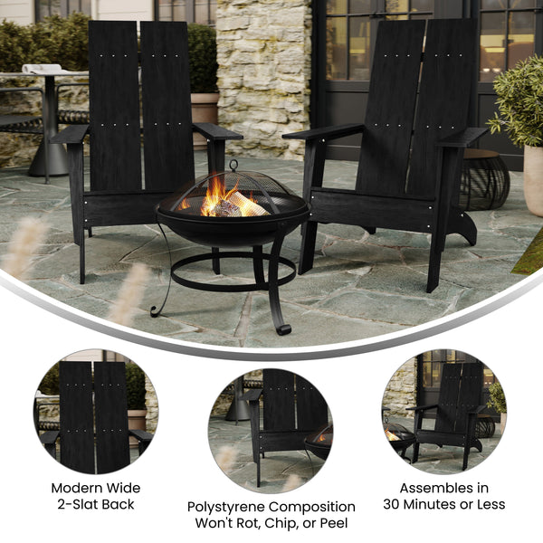 Black |#| Set of 2 Black Dual Slat Poly Resin Adirondack Chairs-22" Round Fire Pit