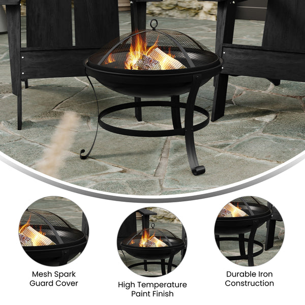 Black |#| Set of 2 Black Dual Slat Poly Resin Adirondack Chairs-22" Round Fire Pit