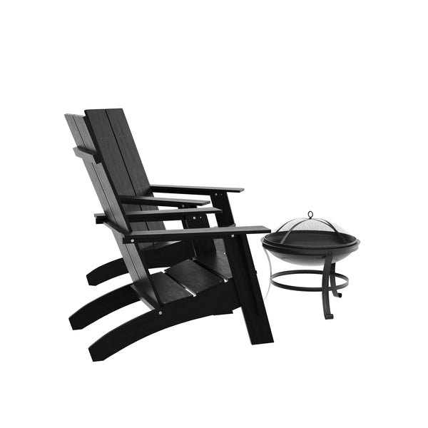 Black |#| Set of 2 Black Dual Slat Poly Resin Adirondack Chairs-22" Round Fire Pit