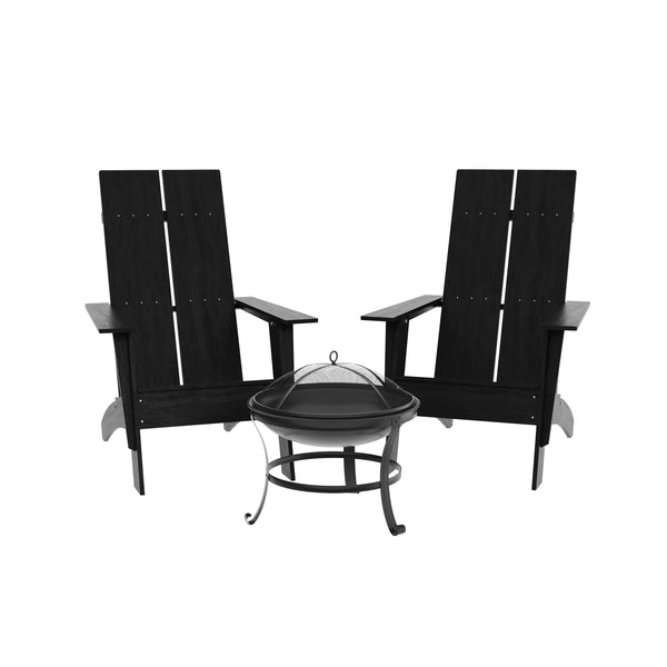 Black |#| Set of 2 Black Dual Slat Poly Resin Adirondack Chairs-22" Round Fire Pit