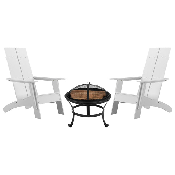 White |#| Set of 2 White Dual Slat Poly Resin Adirondack Chairs-22" Round Fire Pit