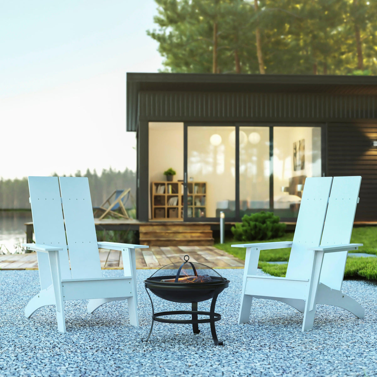 White |#| Set of 2 White Dual Slat Poly Resin Adirondack Chairs-22" Round Fire Pit